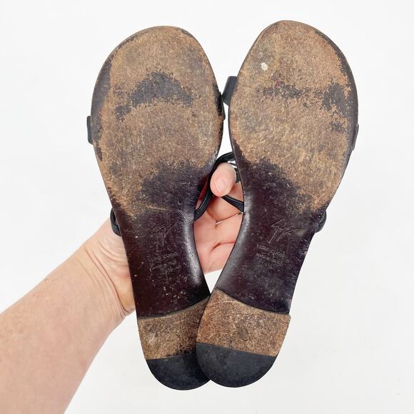 Giuseppe Zanotti Black Fishbone Embellished Flat Ankle Strap Sandals IT 39.5 - Picture 13 of 14